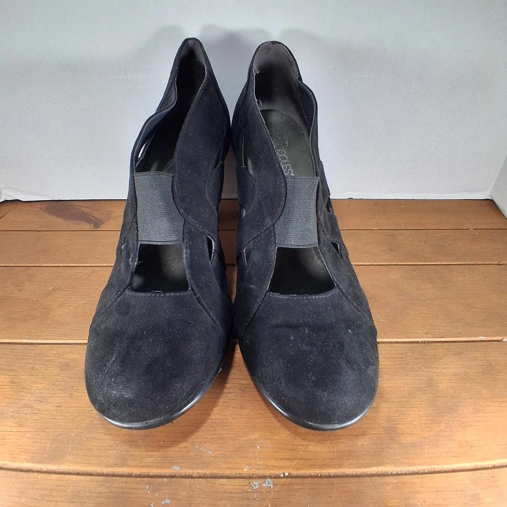 Aerosoles Heelrest Pumps 8.5 Black Caged Cutout Suede Block Heel Professional
